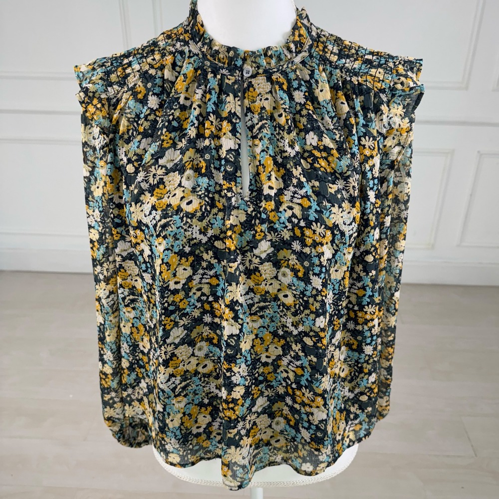 LOFT Floral Blouse Womens Small Navy Yellow Smocked Ruffle Mock Neck Chiffon Top